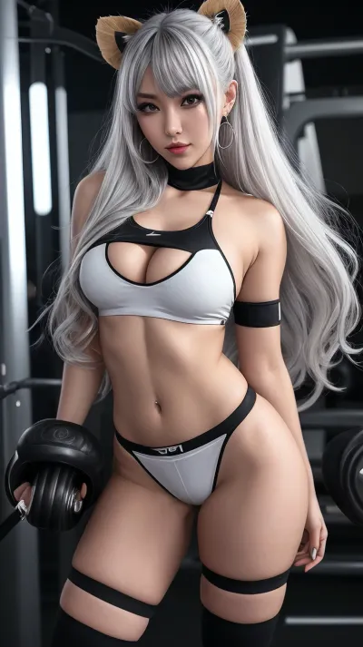 希希罗·博坦站在淡淡的健身房里,身着两件显眼的衣服,拥抱着她的曲线,露出她的长腿. 她的发型是钝的, 和她的耳朵穿孔