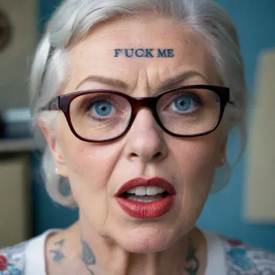 granny, woman, tongue pop out, red lips, blue eyes, secretary, red Glasses, A tattoo on the forehead with the words "fuck me"