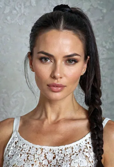 Una bella donna russa di 38 anni con la sua faccia top model, capelli neri rettilinei tirati indietro in una coda di cavallo, e la faccia sottile stava davanti allo specchio ammirandosi. Era un'immagine generata dall'IA che era stata generata da un