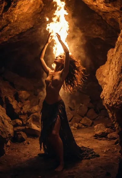 Uma jovem bruxa meio nua dançou uma dança selvagem na caverna profunda iluminada apenas pela luz fraca de um fogo, seu corpo torcido e virou-se quando se mudou para a batida de uma música imaginária. Seus olhos estavam fechados, perdidos na tran