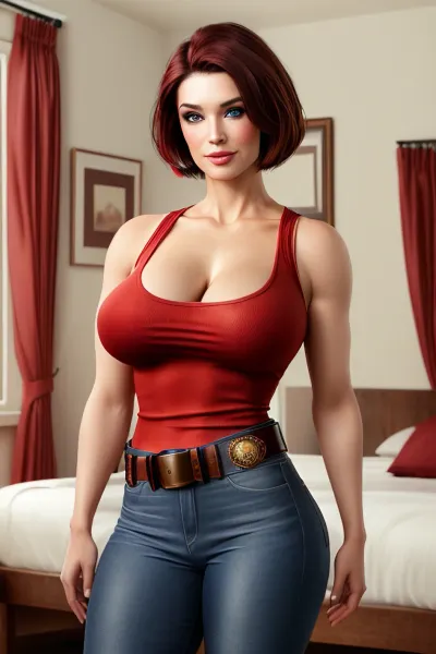 (((BODY FACING FRONT, LOOKING FRONT))), woman, ultra-detailed, masterpiece, best quality, extremely detailed, watercolor, sharp focus, illustration, collarbone, (GoodHands-beta2:1), ((huge breasts)), (round ass), BEDROOM BACKGROUND, cowboy shot, standing, horny, vibrant colors, shiny eyes, (looking at viewer, sensual smile:1.1), ((bob black hair)), blue eyes, ((long red shirt, sleeveless, tight jeans, belt)), (fashion make up), parted lips, jillre3, jre3, <lora:add_detail:.5>, <lora:JillRE3:.5>, <lora:epi_noiseoffset2:1>
