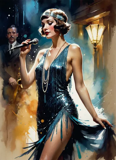 La mujer en la foto es un impresionante flapper en vestido brillante, con pigmentos hiperrealistas y detalles de acuarela, generado por AI utilizando la técnica de carne griffiths de luz dinámica, mojado en técnica de acuarela húmeda, y gou