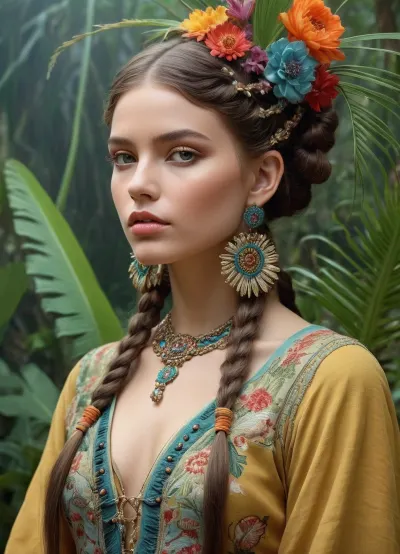 The woman in the picture is wearing a colorful outfit made of floral textiles and delicate feather decorative fringe, with a subtle focus on nature through the use of vibrant colors and intricate details. Her face is symmetrical, with sharp focus and intricate details to