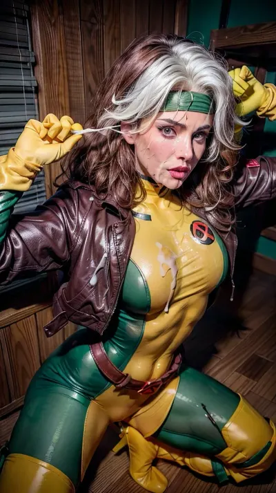 Uma mulher vestindo uma jaqueta amarela e maquiagem tira seu telefone para tirar uma foto do homem com cabelo castanho e olhos verdes usando um traje de super-herói como ele cums no chão