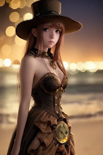 Ein junges erwachsenes Mädchen trägt ein Steampunk-Outfit mit einem Schlüsselbild eines AI-generierten Strand in der Nacht, Blick auf den Betrachter mit einem vollen Blick und hellen Augen, so dass sie aussehen wie sie in einer anderen Welt