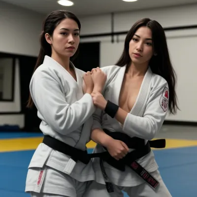 ギの女とジウジツベルトを握る女性は、彼女のスキルを向上させることに焦点を当て、道場で彼女の悲しみのテクニックを実践していました。 彼女自身が壁に身をつけた写真を撮った