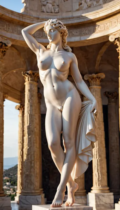 Ultrarealistic Photography, high-resolution, photorealistic image, full front view, fit polychromic body, slightly muscular, ((impressive polychromic greek statue of Aphrodite)), standing polychromic goddess, in the act of casting a magic spell, with open polychromic legs, perfect polychromic hands, perfect polychromic feet, perfect polychromic knees, perfect polychromic elbows, perfect polychromic arms, perfect marble polychromic fit legs, (full marble polychromic body), (full polychromic nude statue), showing, (polychromic shaved vagina), (naked polychromic vagina), (exposed polychromic vagina, (super XL gigantic polychromic natural boobs), (gigant polychromic natural boobs), (perfect polychromic nipples), ultrarealistic lighting, cinema arri, arri cam, detailed, god lighting, sun lighting, sun coming from above, ((ancient Greece style)), (((polychromic white marble greek statue skin, feet, hands, knees, elbows, legs, vagina, full body))))