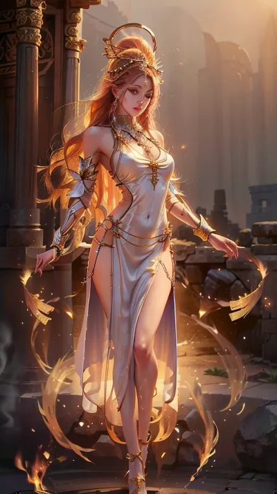 woman, ancient temple, slim priestess on fire, (slim body), slim waist, headgear, clothes, perfect skin, (8k, RAW photo, best quality, masterpiece:1.2), (realistic, photo-realistic:1.4), full body, professional lighting, photon mapping, radiosity, physically-based rendering, <lora:AngelicWarriors_v1:1>, <lora:on_fire10:.5>