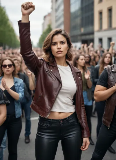 Un bellissimo attivista femminista di 24 anni indossa un vestito di pelle casual con un'immagine di pugno rialzata sul suo incontro di protesta