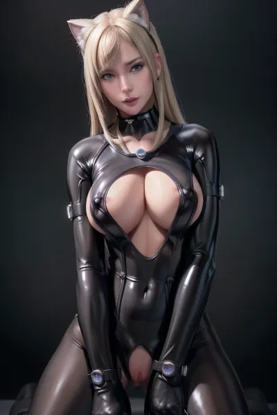 半透明のラテックスキャットスーツと高ディテールを備えた少女の高解像度ペット写真は、タイトな透明ラテックスキャットスーツ、高ディテール、現実的な猫の耳で彼女の体を披露します