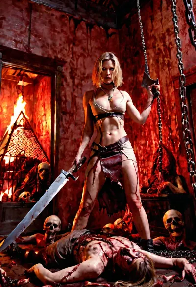 L'AI ha generato un capolavoro realistico fotografico con dettagli di alta qualità e ultra realistici. Ha raffigurato una donna con un coltello enorme, in piedi davanti a un'enorme testa piramidale. L'immagine era altamente illuminata, con molte catene di sangue che pendono dal soffitto