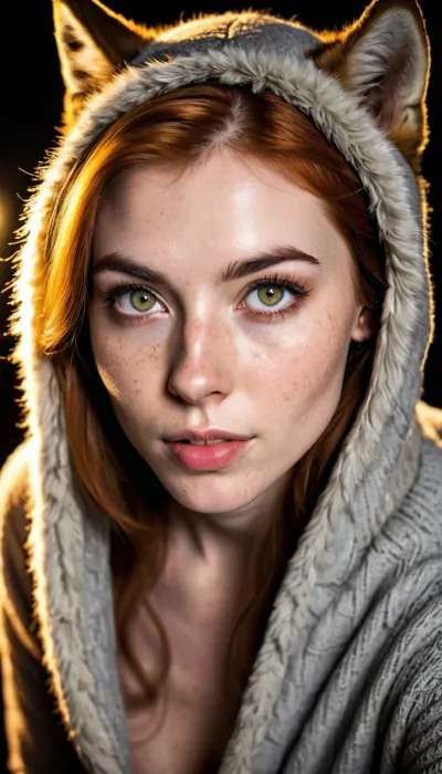 (selfie, portrait, face portrait with emphasis on her eyes, close up of face, fisheye lens:1.5), (dramatic high contrast rim lighting with sharp otherworldly shadows:1.8), (Scandinavian and Irish features), (photorealistic, photo realistic, photorealism, photo realism:1.8), (4k, 8k, 8k resolution, best quality, ultra quality, highest quality, maximum quality, uncompressed, raw source photograph:1.2), (same color eyes, symmetric eyes, matching eyes, detailed eyes, detailed iris, detailed pupils, limbal ring around iris, perfectly round iris, perfectly round pupils:1.4), (detailed skin, high detailed skin, intricately detailed skin, perfectly detailed skin, high quality skin, highest quality skin, exquisitely textured skin), (intricate clothing, detailed clothing), (microblade eyebrows, perfectly manicured eyebrows), (flushed cheeks, flushed neck, blushing cheeks, blushing neck), (her wide strong jaw highlights her powerful jawline, high cheekbones, sharp cheekbones, faint vellus hairs), (cute tall tall upturned button nose, delicate nose), (long messy hair framing her face, ginger hair with dark roots:1.3), (big eyes, wide eyes, doe eyes, slightly wide set eyes), (striking eyes, captivating eyes, mesmerizing eyes, glittering eyes, Fae eyes), (pale light green eyes with golden flecks), (large natural soft breasts, high breasts), (athletic body, sporty body, lean body, fit body), (she's in love, adoring gaze, loving expressing, adoring expression, joyous, joyful, pleased), (girlfriend, girlfriend material, girlfriend experience), (pale skin with freckled cheeks and nose, noticeable freckles), (facing directly into camera, head tilted slightly forwards), (female werewolf, pleasurable transformation from human to werewolf, wolf snout, wolf eyes, body covered in wolf hair:1.5), (full moon:1.2)
