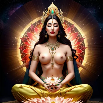 Saçlarında lotus çiçekleri dolu bir kadın, çok renkli bir shimmering Halfo dolu bir yıldız ve kıvılcımlar giyiyor, kraliyet havai translucent robs. O, bir akışla çevrilidir