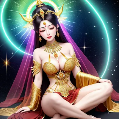 Elle était une déesse, créée à partir d'énergie pure, pleine de rayonnement et de gloire. Ses cheveux coulants se sont encastrés dans son dos comme un flux d'énergie lumineuse et pétillante. Elle était assise avec des jambes croisées sur un fond de géométrie sacrée, une œuvre d'art