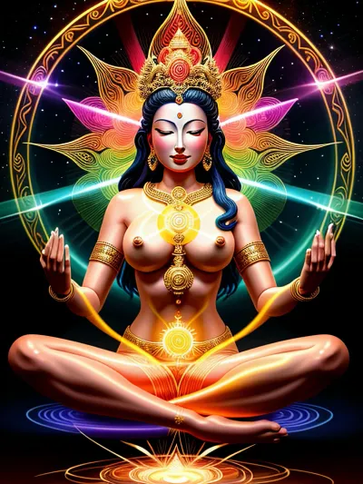 Bodhisatva bir lotus pozisyonunda oturdu, gözleri kapalı ve elleri onun kucağına geri döndü. Vücudu altın bir ışıkla doluydu ve çok renkli ışınların yarısıyla çevriliydi. Onun önünde