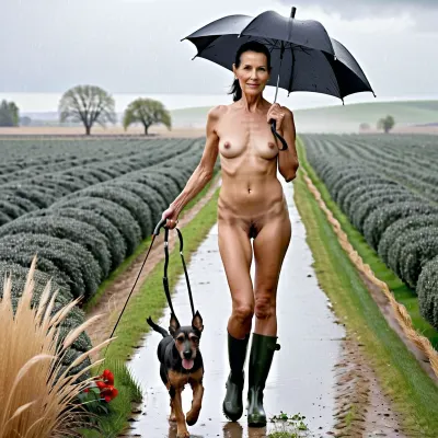beautiful sexy slender 60 year old black hair woman posing naked, no makeup, Brown eyes, ugly, ponytail, 3/4 view, bare legs, taking a walk with her dog, airdale Terrier, good hands, perfect fingers, (vagina), hairy pussy, Pubic Hair, rubber Boot, Holding an umbrella, raining, grey sky, cloudy, walking between fields
