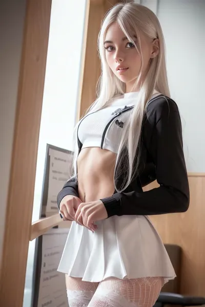 高品質のAI生成イメージを持つスカンジナビアの若い大人の少女は、魅惑的なポーズでショーケースされ、彼女の完全に彫刻された体とスカンティリーに覆われた画像を示す