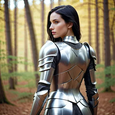 Uma mulher em um terno de armadura corporal completo com uma câmera de filme de 35mm e uma face sem expressão, capturada em um gerador de imagem gerado pela AI