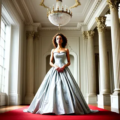 In the middle of the room, a beautiful woman stood with her full-length dress and long hair. She was wearing a multicolored floral design in the rococo style, which added to her beauty. The ceilings were painted with beautiful pictures