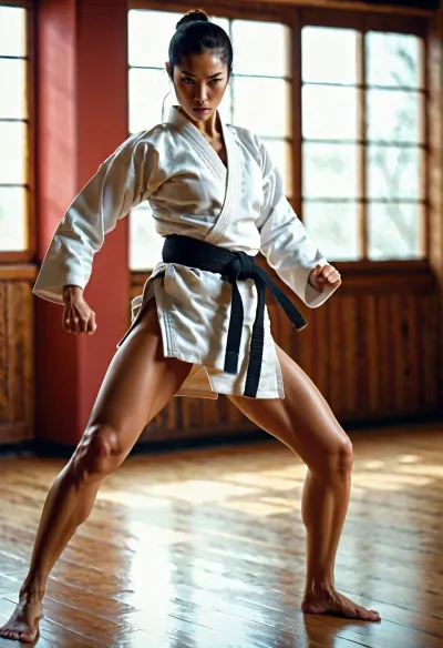 डोजो में कराटे का अभ्यास करने वाली महिला ने अचानक अपने पैर में एक तेज दर्द महसूस किया, जिससे उसके नंगे पैर सामने आए। वह जल्दी से खुद को पास के zubon के साथ कवर किया और डोजो, शर्मिंदा और अपमानित से बाहर निकल गया।