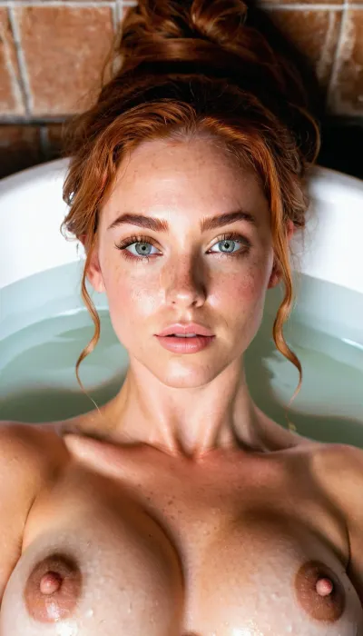 (21 year old woman), , (soft focus, professional photography), (dark room with moody romantic lighting, candle light, string lighting:1.2), (ultra realistic, realistic, photorealistic, photo realistic, photorealism, photo realism), (maximum quality, ultra-detailed, insanely detailed, highly detailed, high quality, uncompressed, raw source photograph), (highly detailed eyes, high resolution eyes, high quality eyes, highly detailed skin, detailed skin texture, highly detailed hair), (same color eyes, symmetric eyes, matching eyes, detailed eyes, detailed iris, detailed pupils, limbal ring around iris, perfectly round iris, perfectly round pupils), (striking eyes, captivating eyes, mesmerizing eyes, glittering eyes, Fae eyes), (highly detailed skin, detailed skin texture, highly detailed hair), (flushed face, flushed cheeks, rosy cheeks, flushed neck, flushed chest), (Irish, red hair, pale skin with prominent tan lines and freckles), (relaxing in a steaming hot jacuzzi tub:1.4), (highly detailed nipples, high resolution nipples, high quality nipples), (puffy nipples, ghost nipples, wide nipples), <lora:Nipples XL:.5>