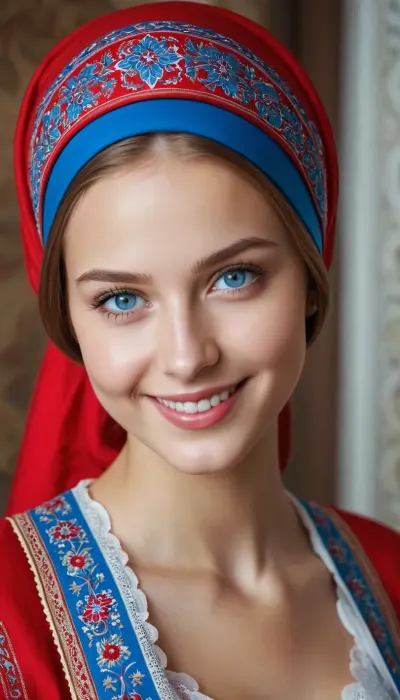 The young woman with the best quality photo of her was wearing a national Russian outfit, with a headscarf around her face. She had beautiful blue eyes and a slim body. Her smile was light brown hair and blue eyes, and she was looking