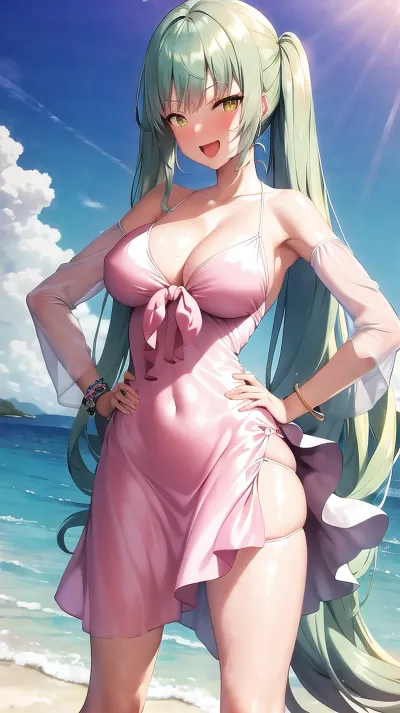 masterpiece, best quality, 1girl, solo, ((Lying on the beach:1.1)), cowboy shot, <lora:privaty-nikke-richy-v1:1>, privaty \, (nikke\), blush, happy, open mouth, long sleeves, ((summer sexy dress:1.3)), hand on hip, hands on hips, beach, sun