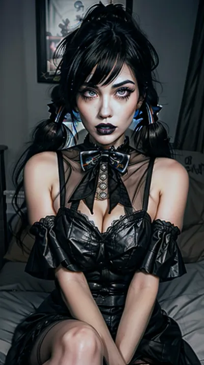 L'immagine migliore di una ragazza goth con trucco e coda gemella è quella in cui indossa un marinaio luna cosplay vestito con panini nei capelli, capelli bicolore e capelli multicolori. Ha scopato, due