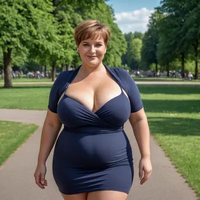 Eine 50-jährige deutsche Frau mit einer großen durchhängenden Brust und einem stilvollen, engen Kleid, ging auf einem Stadtpark herum. Sie hatte sehr große Hüften, eine sehr große durchhängende Brust und ein scharfes Foto, das ihr lächelndes Gesicht zeigte