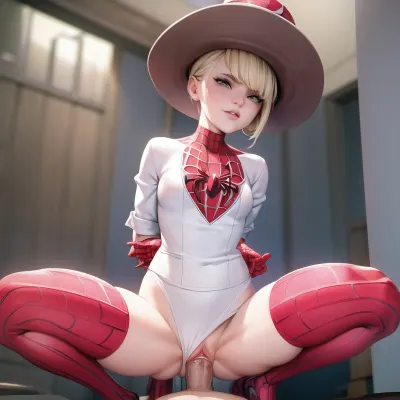 Gwen Stacey, Cowgirl, spidey suit, shaved pussy, perfect penis, masterpiece, best quality, 1girl, spiderverse, style, 1boy, squatting, cowgirl, position, vaginal, pov, <lora:spiderverse_style_offset:.5>, <lora:PSCowgirl:.8>