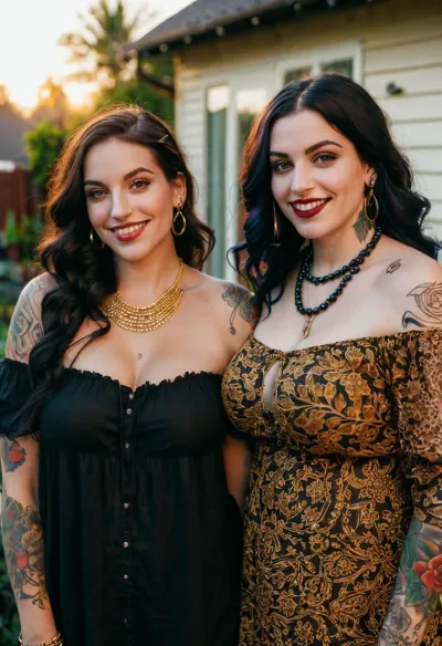 A woman with three friends is captured in a beautiful photo, standing together on the patio. The woman has tattoos and multiple piercings, and her hair is styled in a messy bohemian style. She wears a long flowing dress that drapes