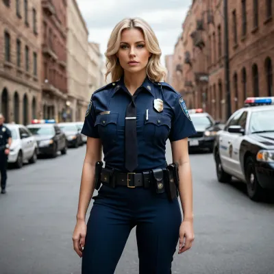 woman, tight police officer outfit, busty blonde, full body view