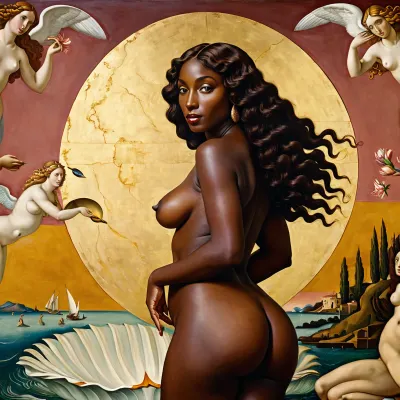 The Birth of Venus" by Botticelli, featuring a curvy Kenyan black actress in the role of Venus
