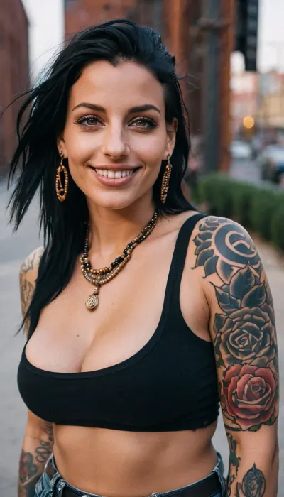 사진의 여성은 문신과 피어싱이있는 펑크 로커, 거대한 saggy breasts, 청동 탄 피부, 행복한 미소. 그녀는 많은 문신을 가진 grunge 복장을 가지고 있으며 도시의 앞에 서 있습니다