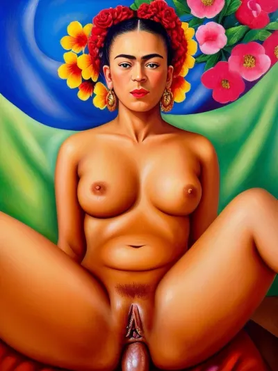 Frida Kahlo的自画像油画的特点是,一个双腿宽的女子,在一张图片中展现了她的肛交. 女人的面孔在达到高潮时被扭曲