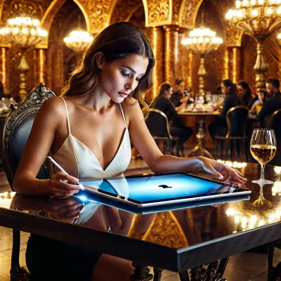 AI-generated 그림은 가제트, 볼, 아이패드와 완벽한 마케팅 테이블을 보여줍니다. 그림의 여성은 테이블에 앉아서 그녀의 식사를 즐기고 태블릿을 사용하여 마케팅 전략을 더 효과적인