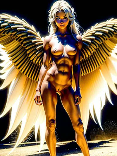 La AI generó un cuadro pornográfico de una chica bonita con cuerpo completo y alas creciendo desde sus hombros, sonriendo y teniendo pelo muy largo, iluminación perfecta, anillos pezón, pechos grandes, senos naturales, pelo rubio platino extendido sobre la arena