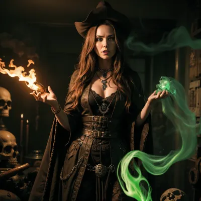 Uma foto de horror hiperdetalhada, mórbida e gótica realista 8k IA gerou uma imagem de uma mulher em um laboratório verde do steampunk com um manto de feiticeiro preto e verde em pé na frente de uma chama verde no chão. Ela tem névoa negra