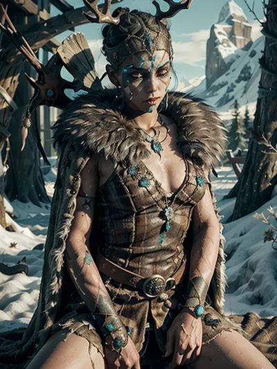 En un campo nevado, SenuaHell se puso por encima de la pareja, sosteniendo una daga en su mano y usando ropa de piel. Su cara estaba pintada con maquillaje y tenía maquillaje completo. El campo nevado radió con rayos de dios mientras ella sostenía