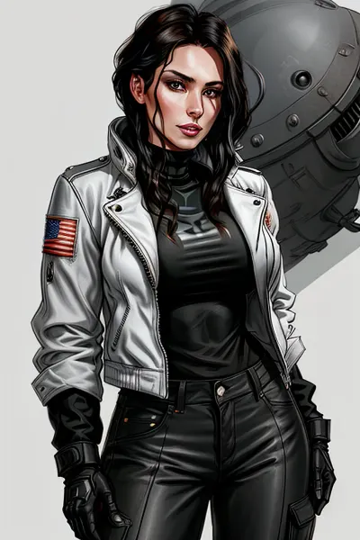 woman, portrait, alien isolation drawing of a young female mechanic, female mechanic, white skin, black hair, cute tall jaw, visible jaw tusks, tall, slim build, full workwear, full metal jacket, pants and jacket, full body, abstract light grey background, warrior pose, <lora:more_details:.5>, <lora:epi_noiseoffset2:.5>, dildoridingback, riding, ((full jacket)), <lora:DildoRidingBack:.5>, <lora:Dildogym-15:.5>, ch3rryg1g, <lora:sxz-cherry-gig-new:.5>