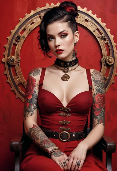 En la ciudad de vapor, una mujer con tatuajes se sienta en el fondo claro de una pintura hiperrealista de un cartel de cine publicitario. La cubierta cuenta con el 'obey' de jingna zhang en la cubierta, con texto de alta calidad