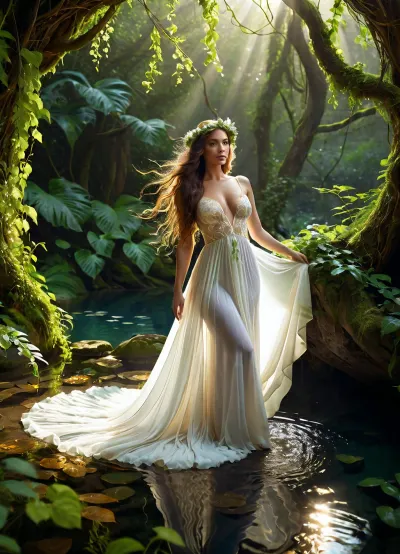 The woman's ethereal beauty radiates from her face, with her long, flowing hair entwined with vines and leaves. Her skin is a deep shade of white translucent as if a veil of mist has been cast upon the