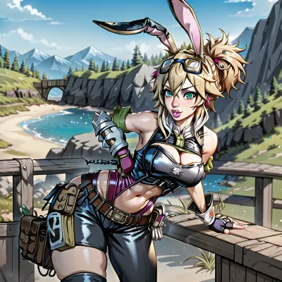 (masterpiece, best quality), 1girl, TinyTina, blonde hair, rabbit, animal ears, solo, rabbit ears, gloves, fingerless gloves, hair, belt, armor, goggles, nature, outdoors, sky, green hair, lips, <lora:TinyTina:.7>, <lora:Kunaboto-10:.5>, fakebreasts, <lora:FakebreastsV4Del-000003:.5>