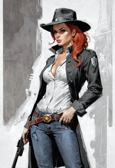 Произведения искусства, созданные ИИ, изображают женщину с длинными клыками, красными волосами и зловещей улыбкой. На ней ковбойская шляпа и ружье. Произведения искусства были созданы Грегом Точини, Грегом Рутковски, Джеймсом Ги