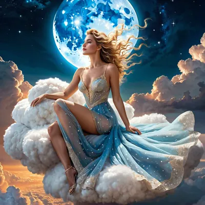 ИИ сгенерировал изображение небесной женщины, сидящей на вершине пушистого облака высоко в небе, является лучшим качеством, очень подробным и демонстрирует ее текущее платье, которое течет в ветру и акцентируется бриллиантами