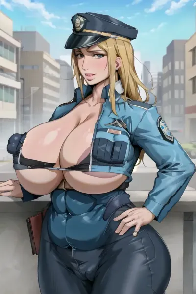 肖像中性感的褐发成年女警 以现实的 高超的画像 展示了她的金发和巨大的乳房