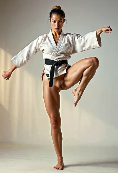 कैरेट में काली बेल्ट वाली महिला एक साइड किक कर रही थी, उसके पैर व्यापक रूप से खुले हुए। उसकी बिल्ली दिखाई दे रही थी, और उसके पास कोई जाँघिया नहीं था। वह लगातार पसीना आ रही थी और सांस लेने में भारी रूप में वह ट्रेन जारी रही थी