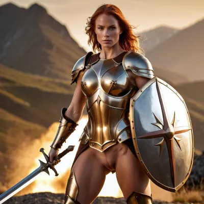 Une femme musclée chevalier se tenait haut sur le sommet de la montagne, son armure scintille au soleil matinal. Elle tenait une longue épée et un grand bouclier, sa peau écarquillée de combat visible à travers les lacunes de son armure. Ses cheveux pubiens