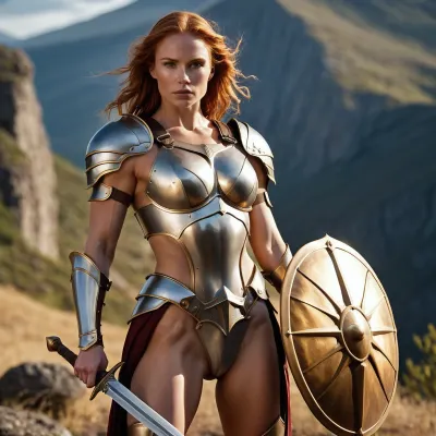 The woman knight stood tall, her muscles rippling with every movement. Her golden armor glinted in the early morning light, and her battle scarred skin was visible through the gaps in her armor. She held a sword and shield, ready for