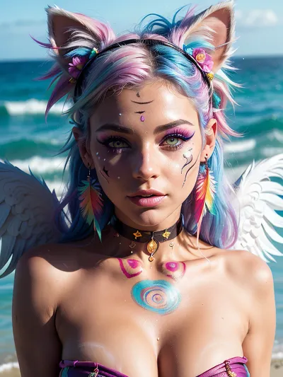 La mujer posó para la cámara con un bikini sexy y pelo arco iris y alas brillantes, sintiéndose empoderada por su belleza